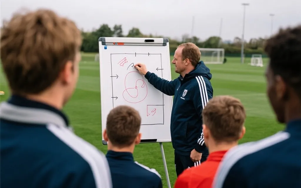 教练在战术板前布置世界杯预选赛战术