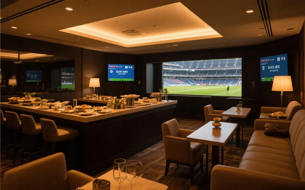 球场内贵宾休息区氛围，温暖灯光，精致餐食与赛前屏幕信息展示