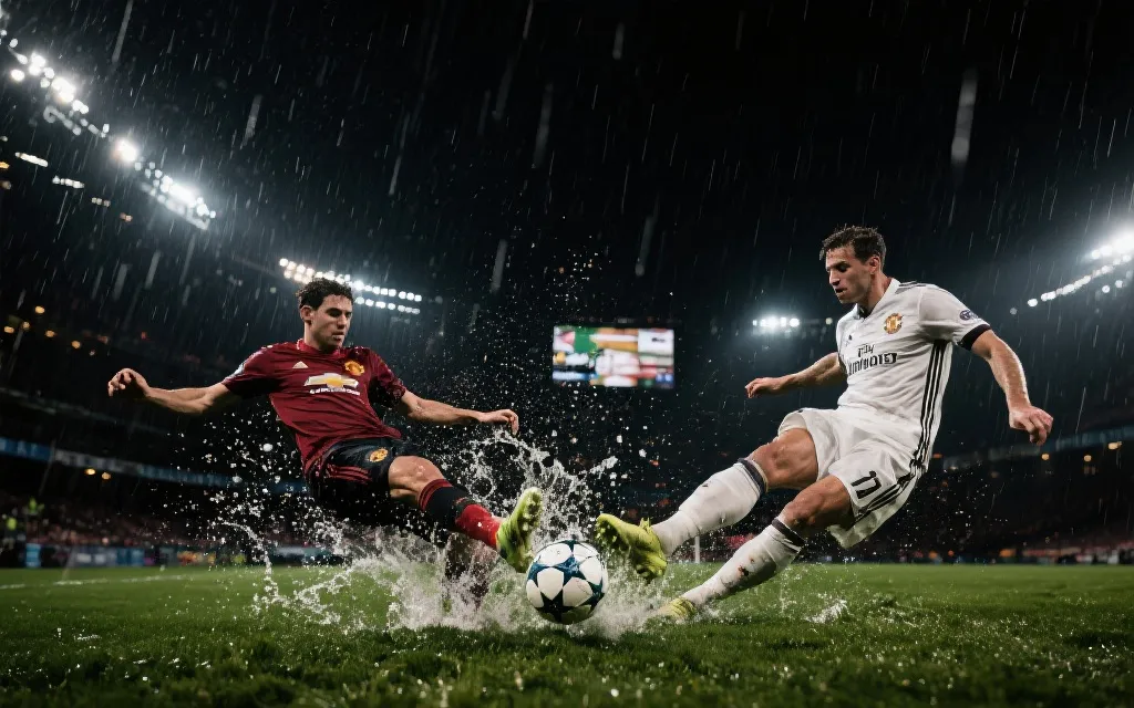 世界杯半决赛关键瞬间，两名球员在雨夜灯光下争抢皮球，强烈对比与张力